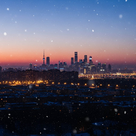 Skyline at night with snowfall in winter.の写真素材