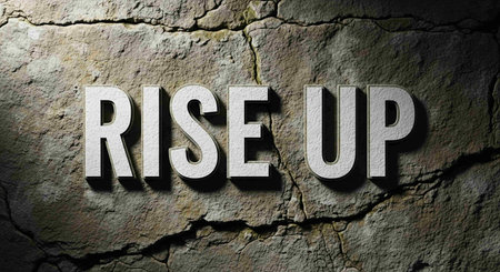 Rise up text on grunge stone wall. 3D renderingの写真素材