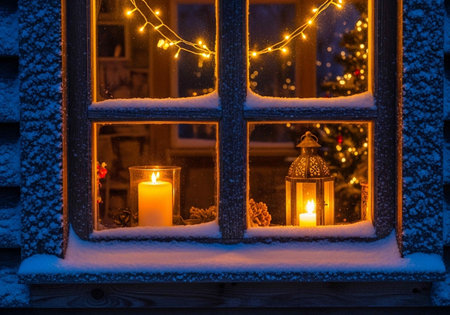Snowy window with burning candles and christmas lights in winter.の写真素材