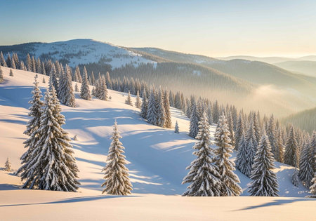 Fantastic winter landscape with snowy fir trees. Carpathian, Ukraine, Europe.の写真素材