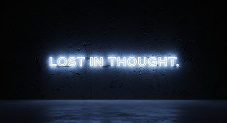 LOST IN THOUTH - glowing neon sign. 3D renderingの写真素材