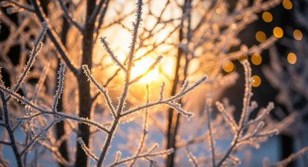 Hoarfrost on the branches of trees in the rays of the setting sunの写真素材