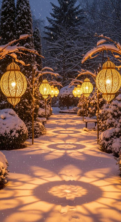 Beautiful winter landscape with snow covered trees and lanterns in the parkの写真素材