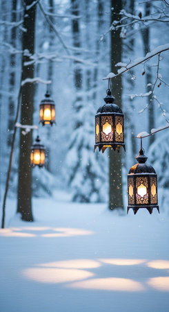 Lanterns in the winter forest. Beautiful winter scenery.の写真素材