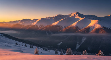 Beautiful winter landscape in the mountains. Sunrise over the snowy mountains.の写真素材