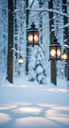 Beautiful lanterns in the snowy forest. Winter landscape. Christmas background.の写真素材