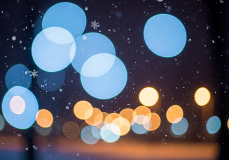 abstract background with bokeh defocused lights and snowflakesの写真素材