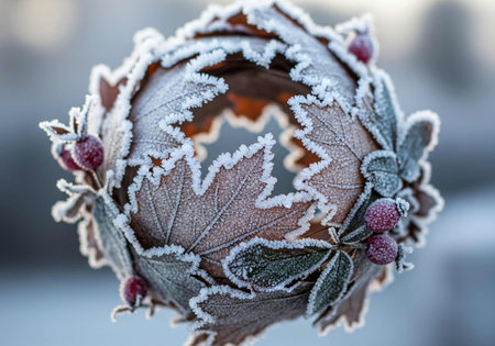 Frosted Christmas wreath with berries on the background of the winter landscapeの写真素材