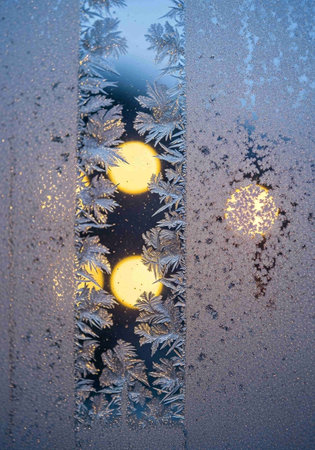 Frosty natural pattern on winter window glass. Abstract winter backgroundの写真素材