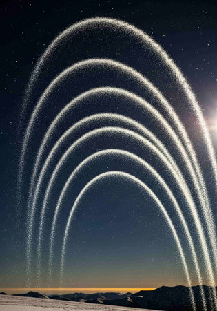 Fountain in the starry sky. Night starry sky.の写真素材