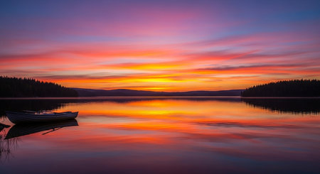 Sunset over the lake with a boat in the foreground. Long exposure.の写真素材