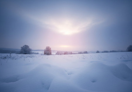 Beautiful winter landscape with snow covered field and trees at sunset.の写真素材