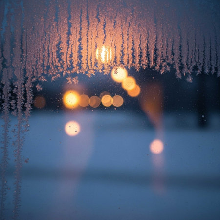 Frosty natural pattern on window glass with bokeh backgroundの写真素材