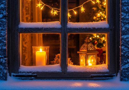 Snowy window with candles and Christmas tree in the background at nightの写真素材