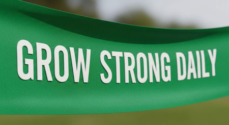 Grow Strong Day - text on green ribbon banner. 3D renderingの写真素材