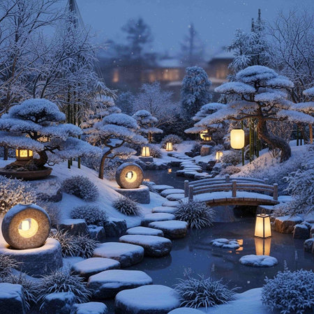 Beautiful winter landscape with snow covered trees and lanterns at nightの写真素材
