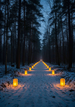 Beautiful winter landscape with glowing lanterns in the forest at nightの写真素材