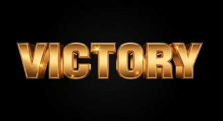 VICTORY Gold 3D Text on Black Background Illustration Designの写真素材