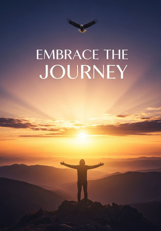 Inspirational quote - Embrace the journey. Man standing on top of the mountain and looking at sunrise.の写真素材