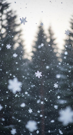 Winter background with snowflakes. Snowfall in the forest.の写真素材