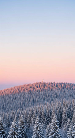 Beautiful winter landscape with snowy fir trees in mountains at sunset.の写真素材