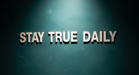 Stay True Daily Sign on Green Wall Background with Copy Space for Textの写真素材