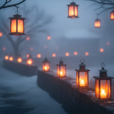 Lanterns on the street in a foggy winter nightの写真素材