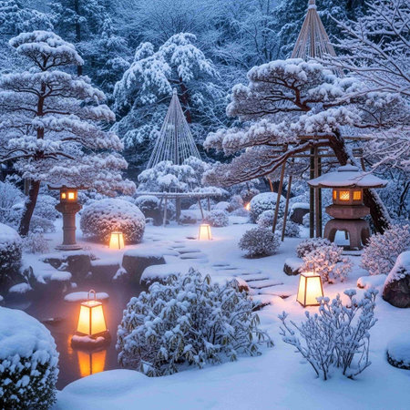 Beautiful Japanese garden in winter with lanterns and snow, Tokyo, Japanの写真素材