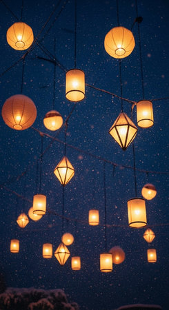 Hanging paper lanterns in the night sky during the snowfallの写真素材