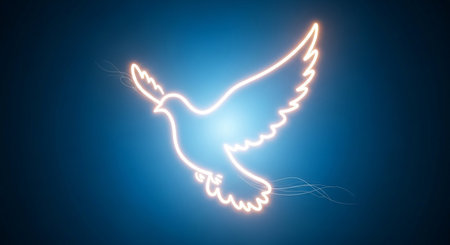 Dove of peace symbol. Glowing dove of peace sign on blue background.の写真素材