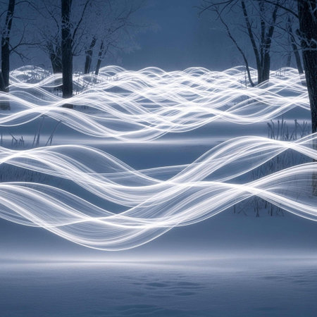 Frozen winter forest with snow covered trees in the foreground and long exposure lightsの写真素材