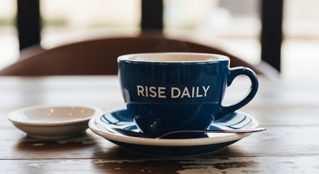 Blue cup of coffee on wooden table in coffee shopの写真素材