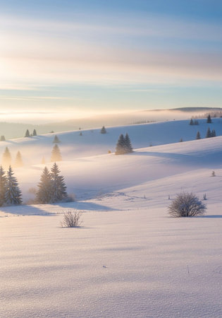Beautiful winter landscape with snow covered trees and blue sky at sunsetの写真素材