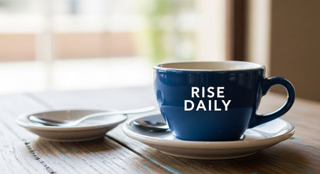 Blue cup of coffee on a wooden tableの写真素材