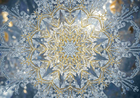 Snowflakes on a frozen window. Winter background. Close up.の写真素材