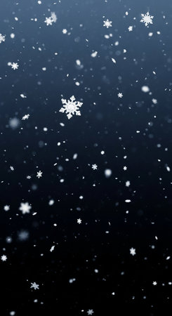 Beautiful falling snowflakes background. Falling snowflakes on dark blue backgroundの写真素材