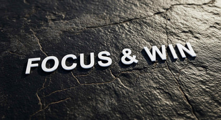 FOCUS & WIN letters on a black textured background.の写真素材
