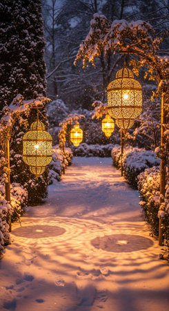 Snowy winter alley with lanterns in the park at night.の写真素材