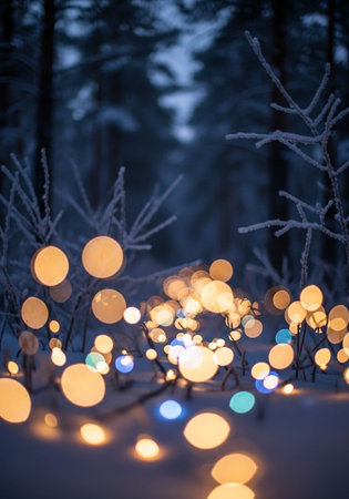 Christmas lights on the background of the winter forest. Bokehの写真素材