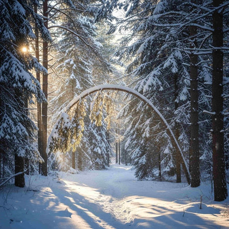 Sunset in the winter forest. Beautiful winter landscape with sun rays.の写真素材