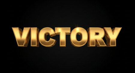 Victory gold text on black background. 3D rendering image.の写真素材