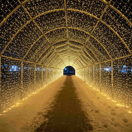 Illuminated tunnel at night with lights and snowflakes in winterの写真素材