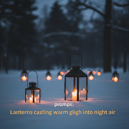 Lanterns in the winter forest. Christmas greeting card.の写真素材