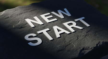 New Start Sign on a Rock, New Start Sign, New Start Conceptの写真素材