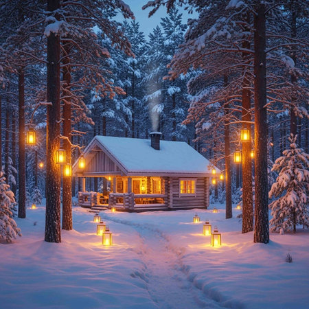 Wooden cottage in the winter forest at night with lanterns.の写真素材