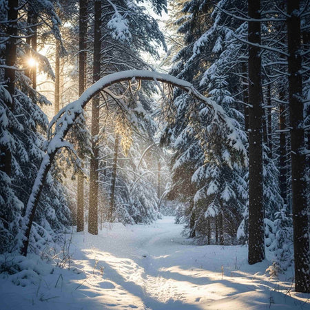Winter forest with snow and sun rays. Beautiful winter landscape in the forest.の写真素材