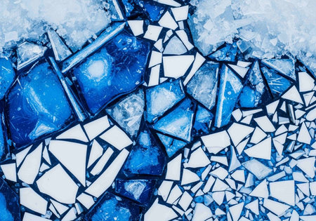 Broken pieces of broken glass on the ice. Abstract background.の写真素材