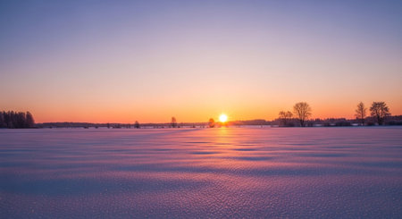 Beautiful winter landscape with frozen lake and sunset. Panorama.の写真素材