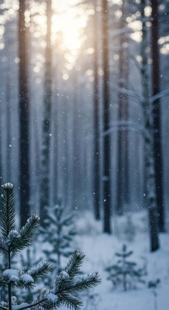 Snowfall in the forest. Winter landscape with snow covered trees.の写真素材