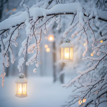Lantern in the winter forest. Winter landscape with lanterns.の写真素材